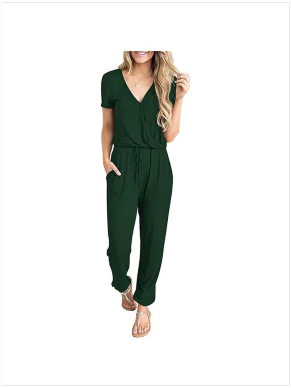 Pretty Garden Casual Deep V Neck Short Sleeve Wrap Drawstring Waist Jumpsuit